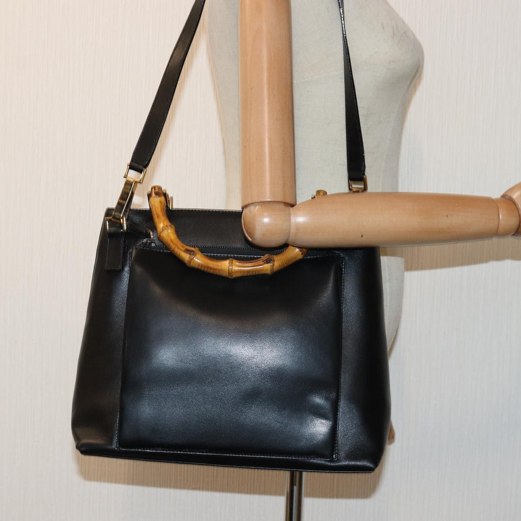 GUCCI Bamboo Hand Bag Leather 2way Black Gold 002 2058 0508 0 85162