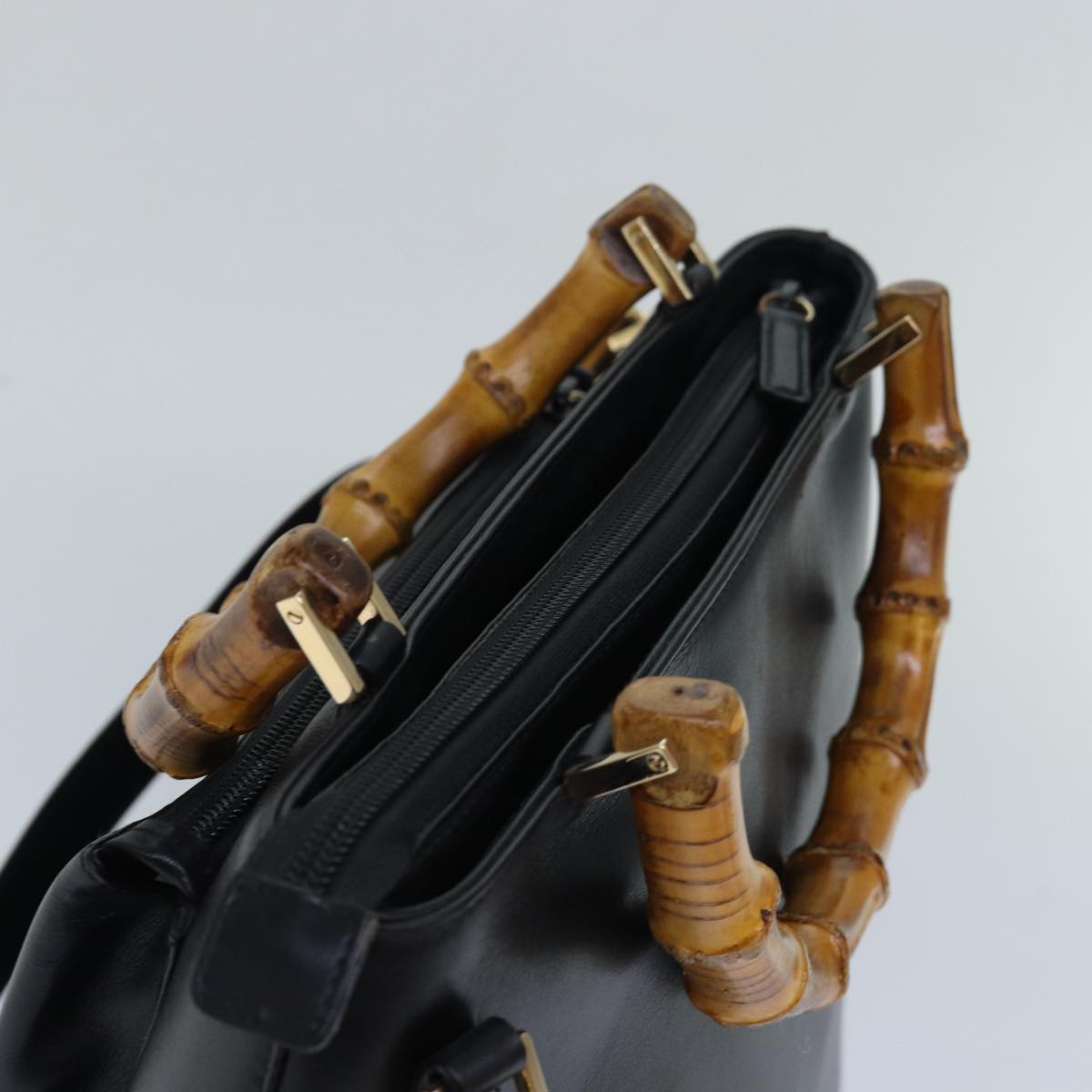 GUCCI Bamboo Hand Bag Leather 2way Black Gold 002 2058 0508 0 85162