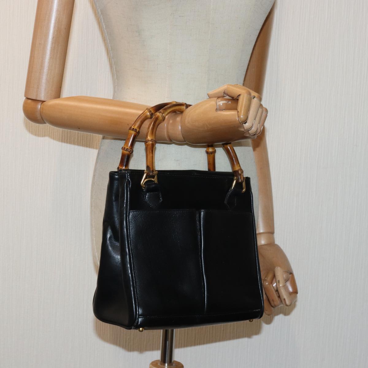 GUCCI Bamboo Hand Bag Leather Black Gold 000 122 0316 85376
