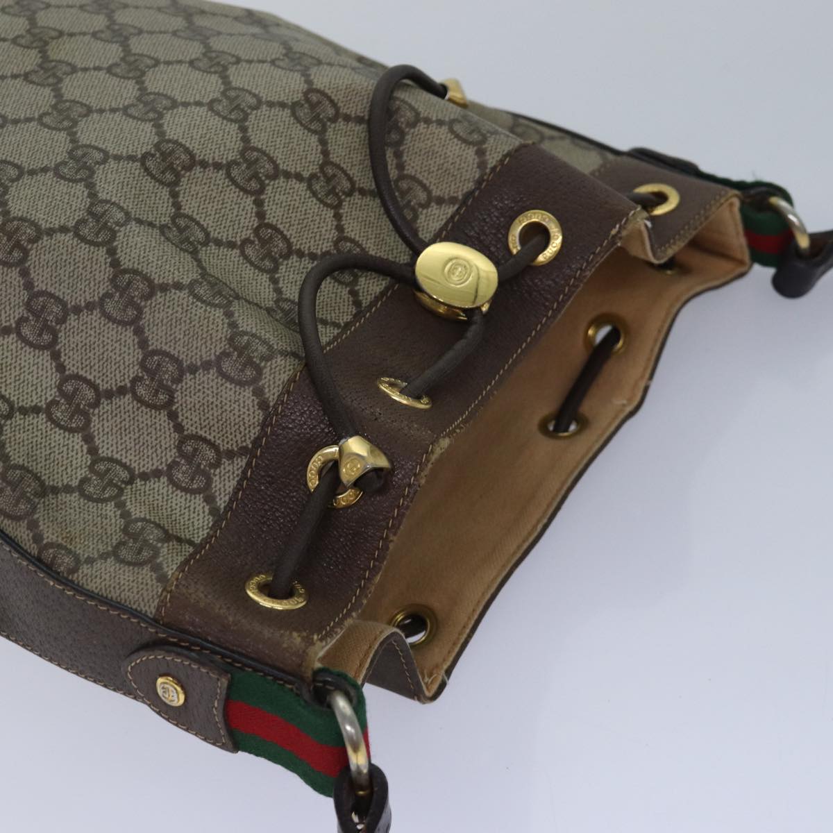 GUCCI GG Supreme Web Sherry Line Shoulder Bag PVC Beige Gold 85390