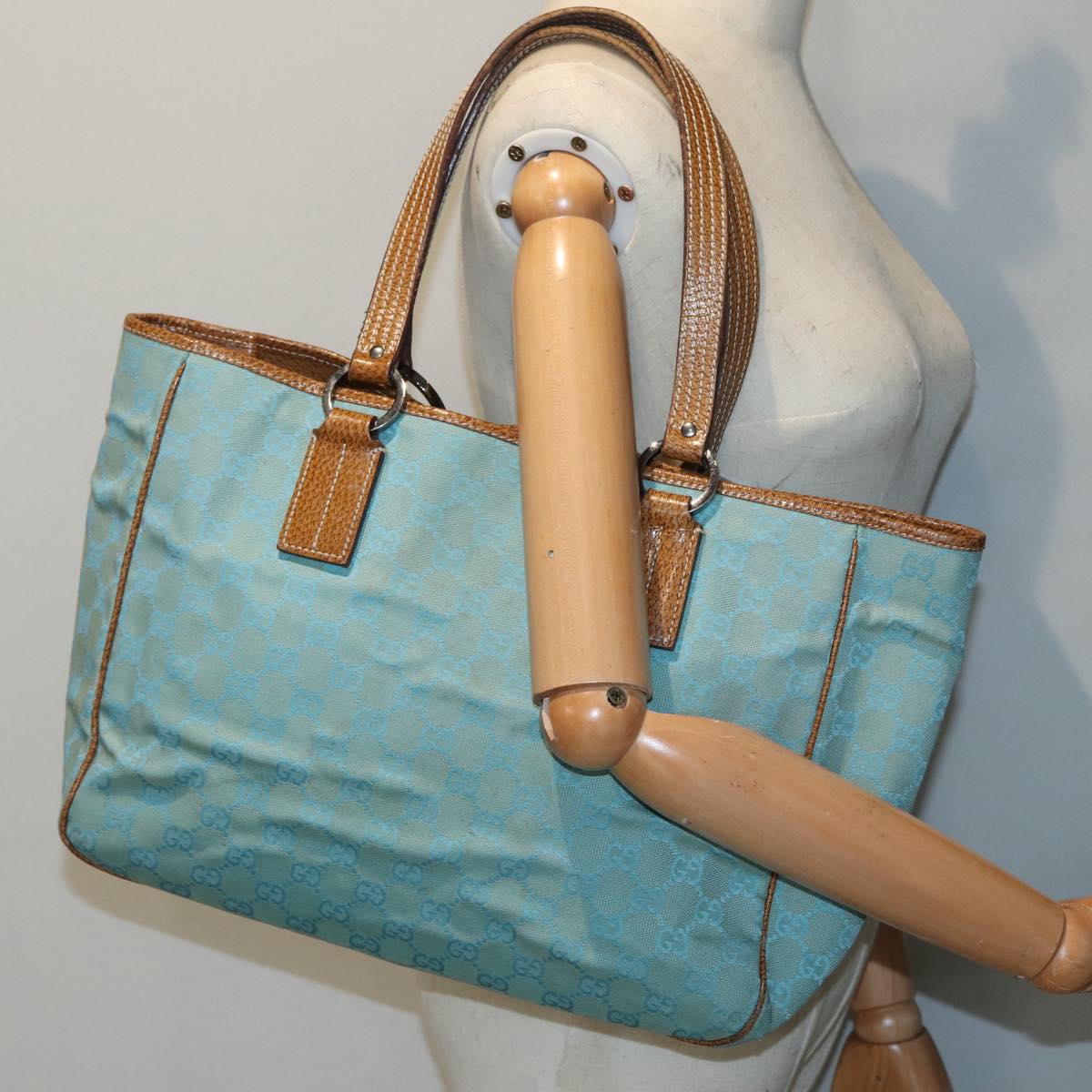 GUCCI GG Canvas Tote Bag Silver Turquoise Blue 113017 85473