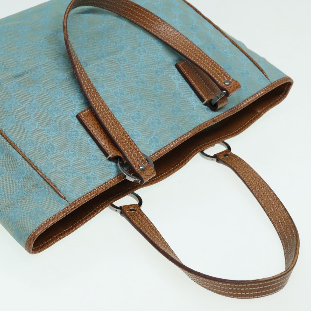 GUCCI GG Canvas Tote Bag Silver Turquoise Blue 113017 85473