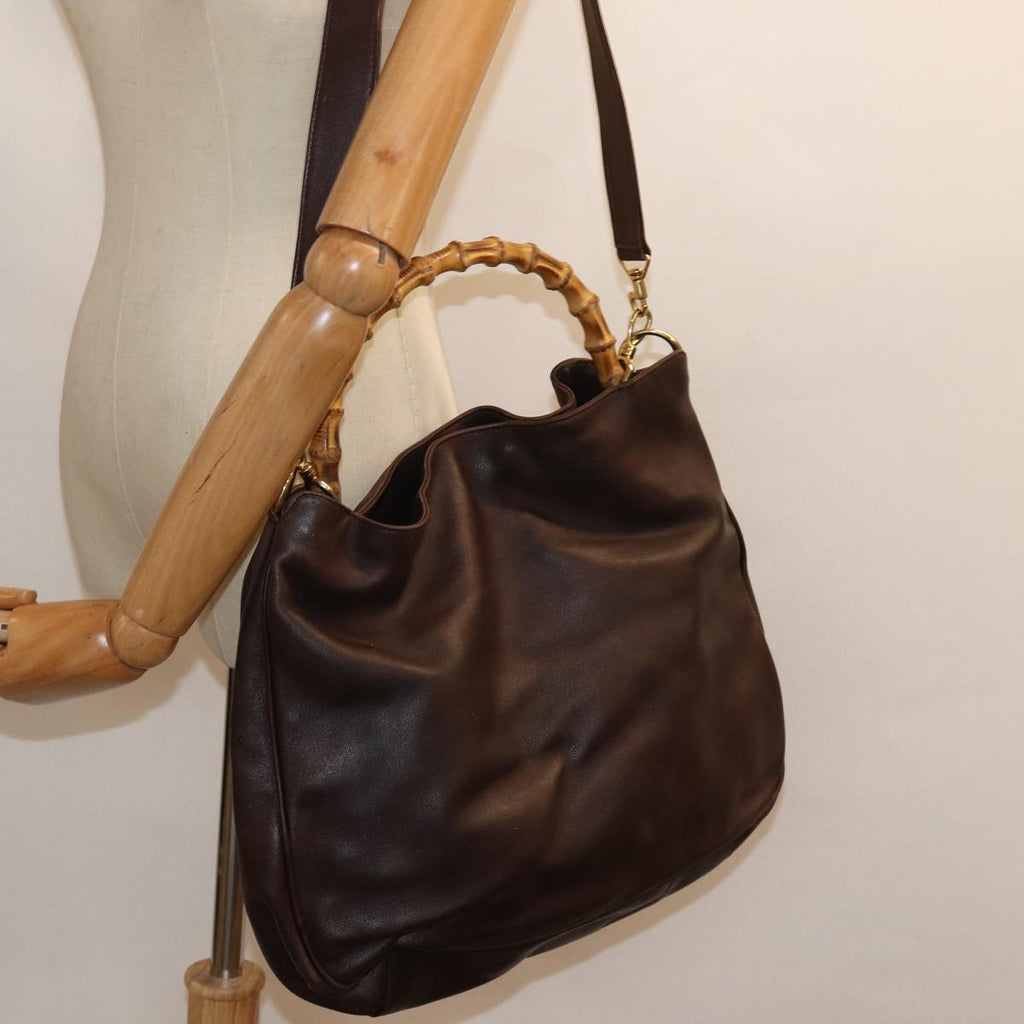 GUCCI Bamboo Hand Bag Leather 2way Brown Gold 001 1577 2128 85475