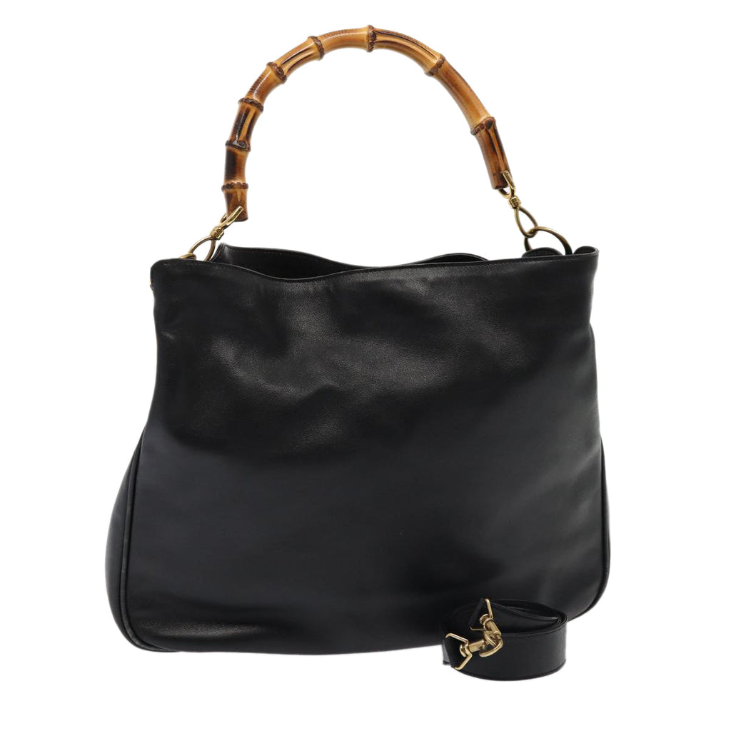 GUCCI Bamboo Hand Bag Leather 2way Black Gold 001 2113 1577 85476