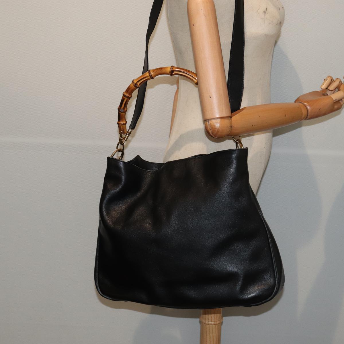 GUCCI Bamboo Hand Bag Leather 2way Black Gold 001 2113 1577 85476