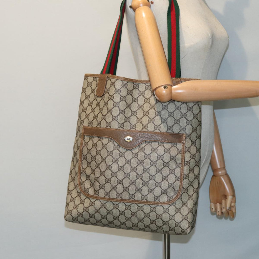 GUCCI GG Supreme Web Sherry Line Tote Bag PVC Beige Silver 39 02 003 85494