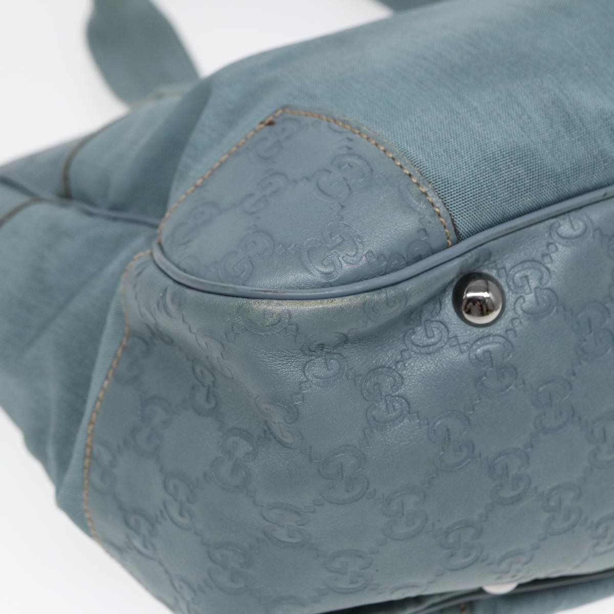 GUCCI GG Canvas Guccissima Tote Bag Nylon Leather Light Blue Silve 85527