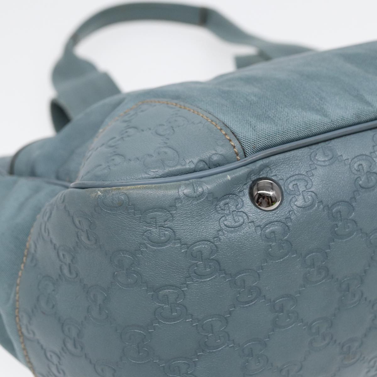 GUCCI GG Canvas Guccissima Tote Bag Nylon Leather Light Blue Silve 85527