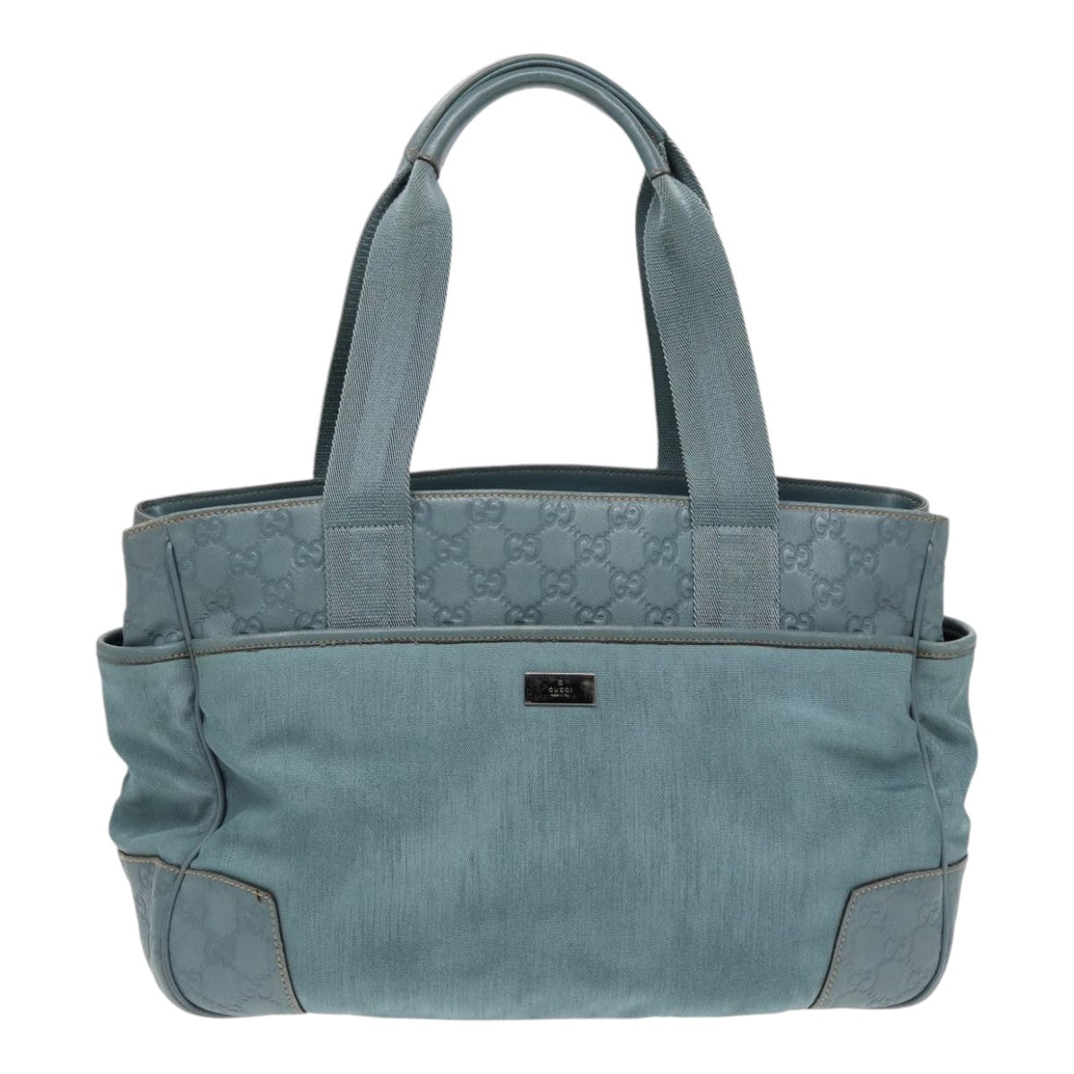 GUCCI GG Canvas Guccissima Tote Bag Nylon Leather Light Blue Silve 85527