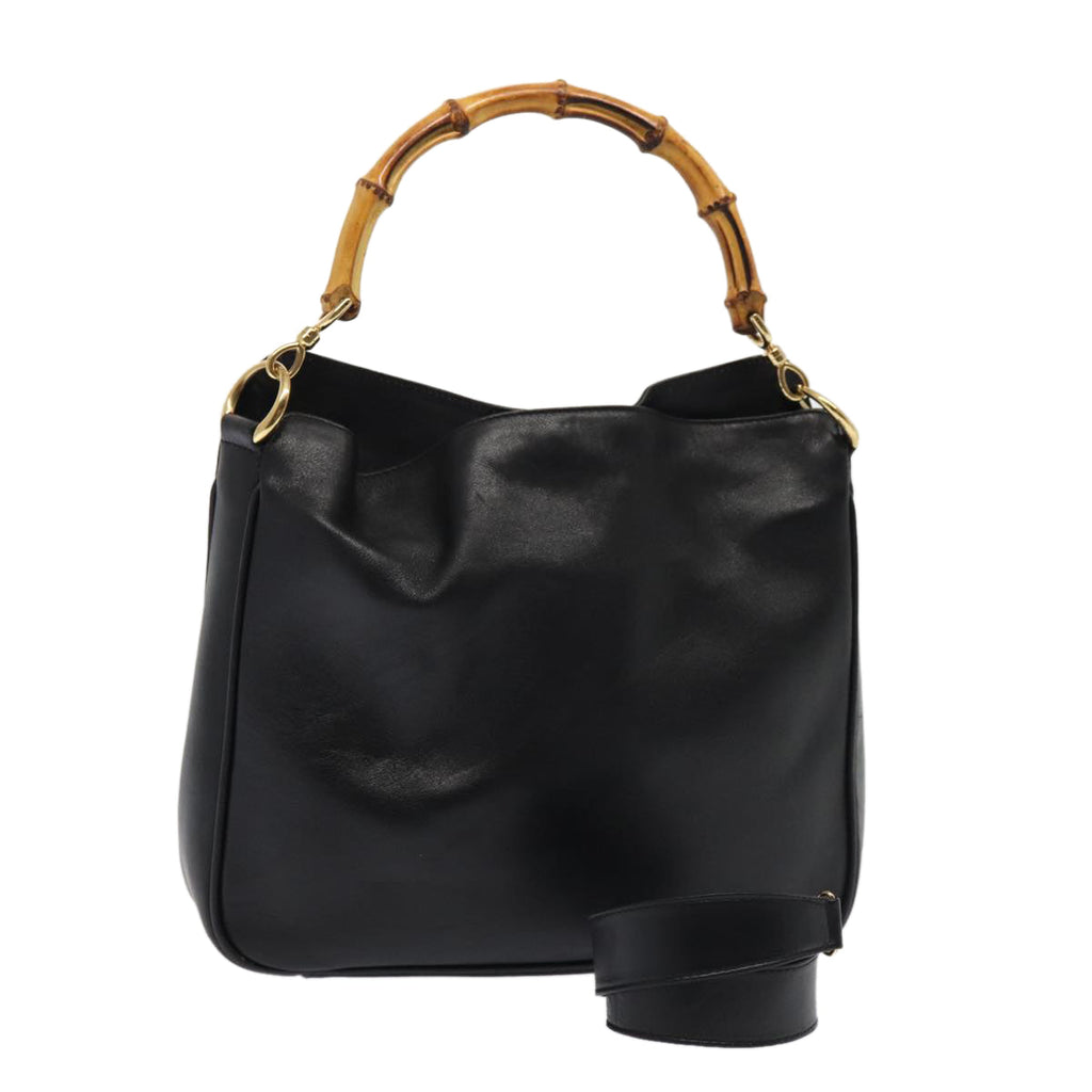 GUCCI Bamboo Hand Bag Leather 2way Black Gold 001 2113 1638 85616