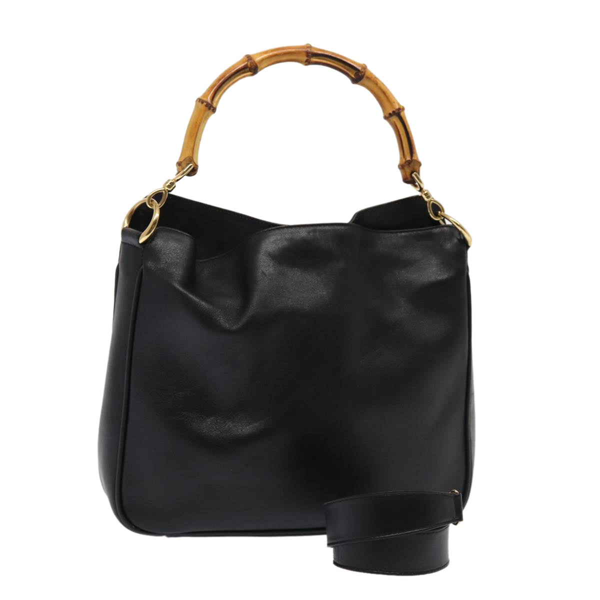 GUCCI Bamboo Hand Bag Leather 2way Black Gold 001 2113 1638 85616