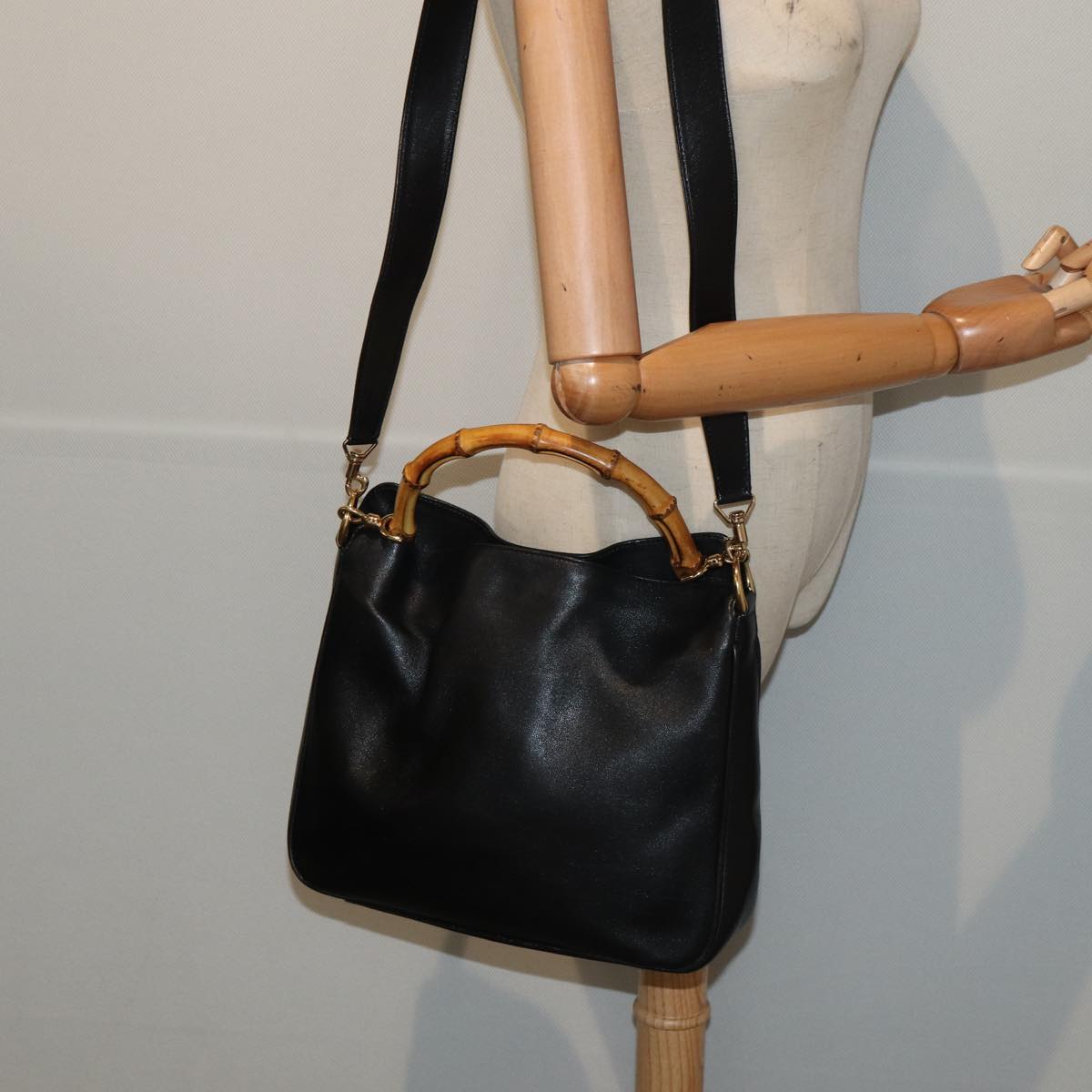 GUCCI Bamboo Hand Bag Leather 2way Black Gold 001 2113 1638 85616