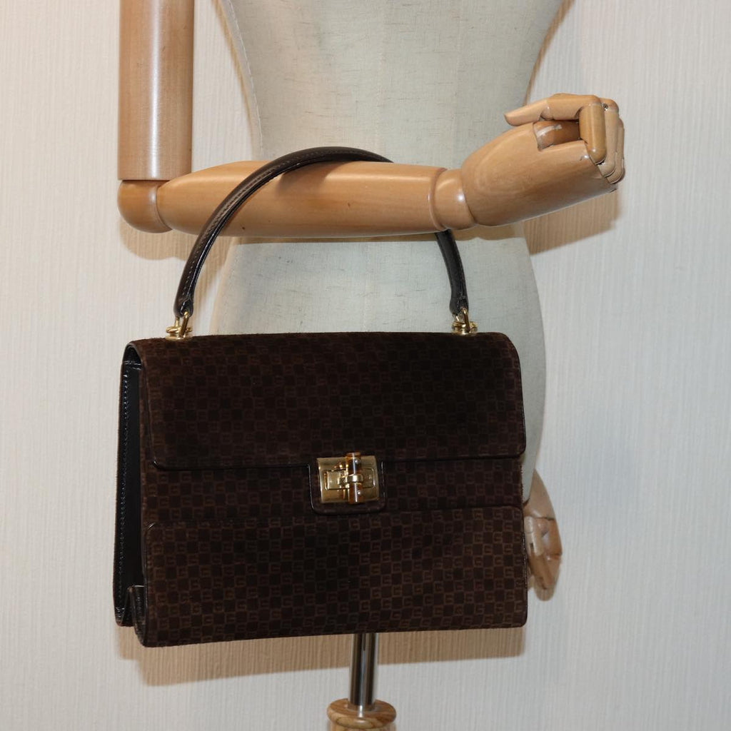 GUCCI Hand Bag Suede Brown Gold 85683