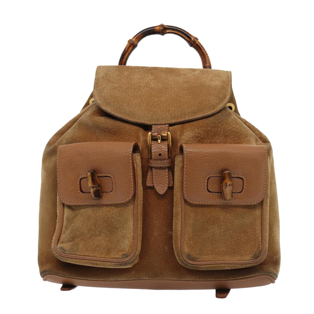 GUCCI Bamboo Shoulder Bag Suede Brown Gold 003 2058 0016 85718