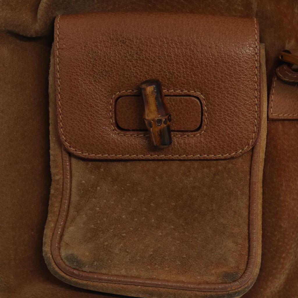 GUCCI Bamboo Shoulder Bag Suede Brown Gold 003 2058 0016 85718