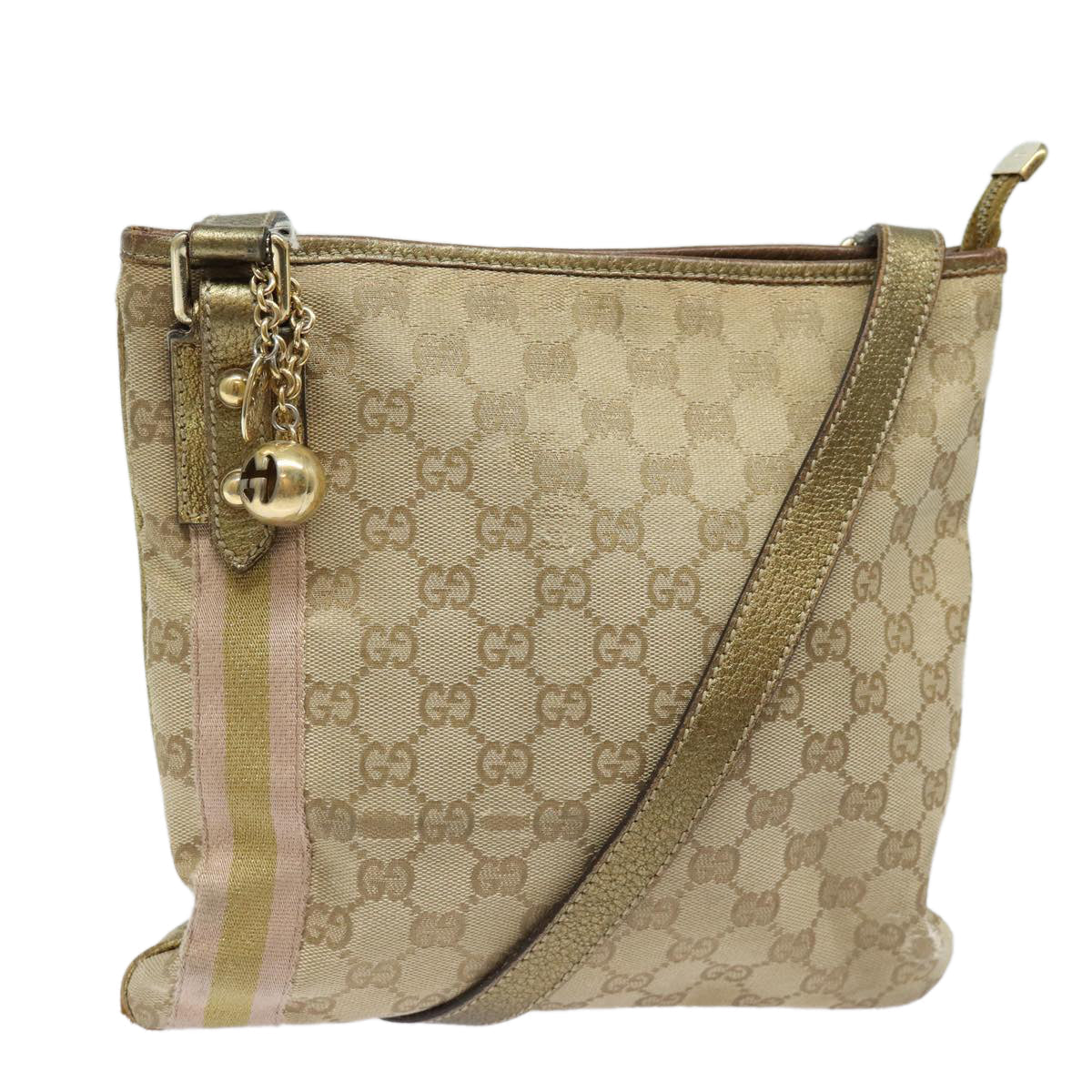 GUCCI GG Canvas Sherry Line Shoulder Bag Beige Gold pink 144388 85719
