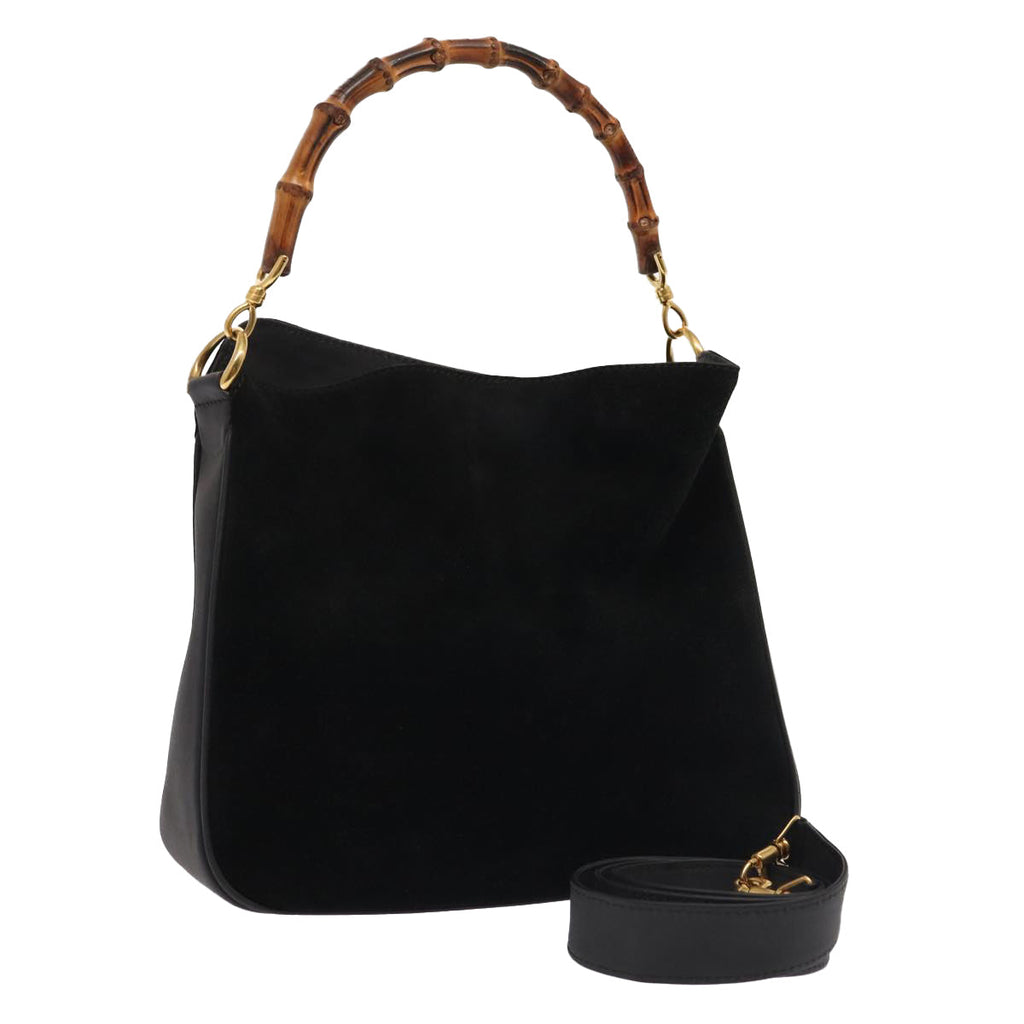 GUCCI Bamboo Hand Bag Suede 2way Black Gold 001 3754 1638 85727