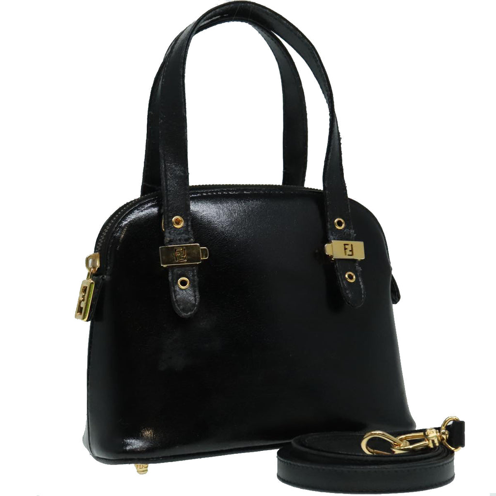 FENDI Hand Bag Leather 2way Black Gold 85768