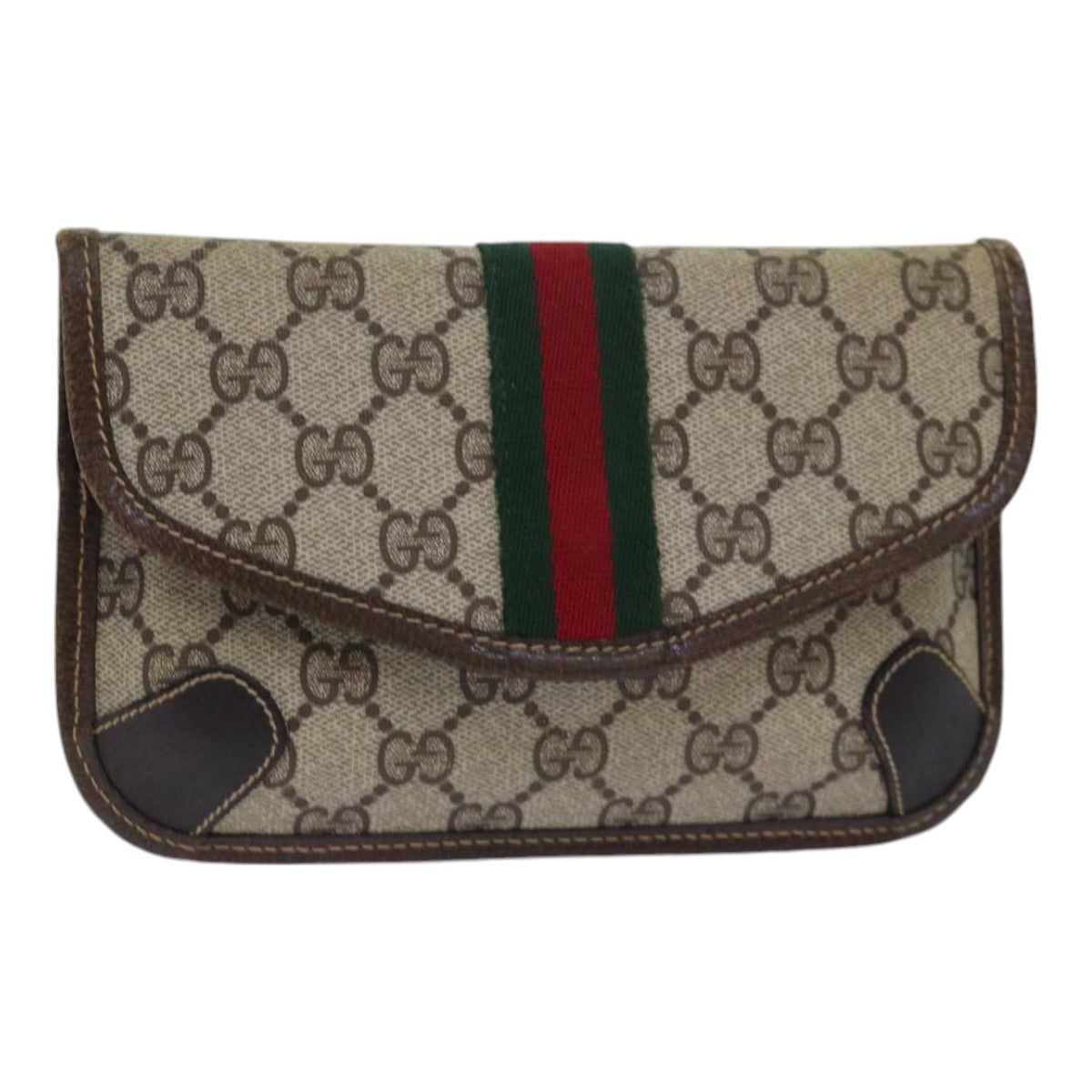 GUCCI GG Supreme Web Sherry Line Pouch PVC Leather Beige Red Green 85886