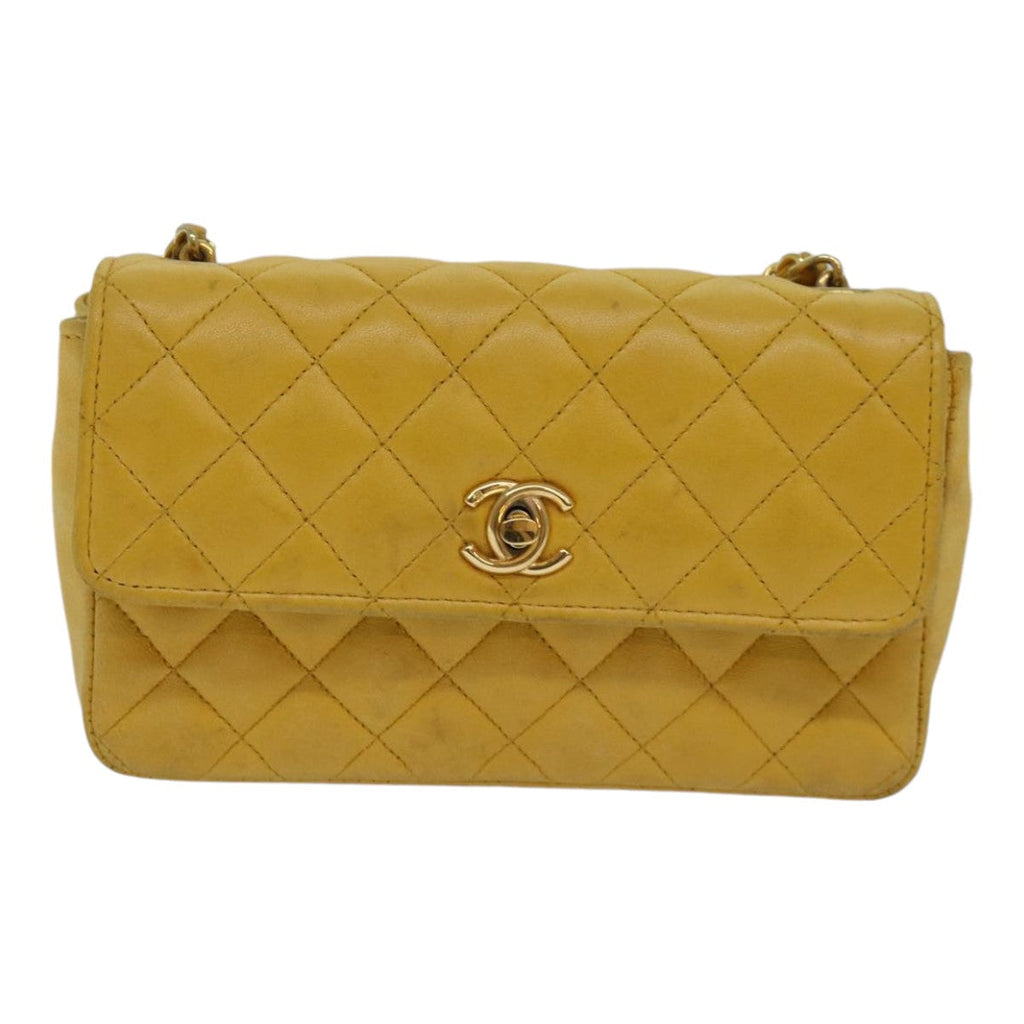 CHANEL Mini Matelasse Chain Shoulder Bag Lamb Skin Yellow Gold CC 85920