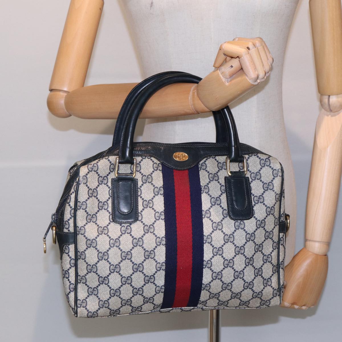 GUCCI GG Supreme Sherry Line Hand Bag PVC Navy Red 85974