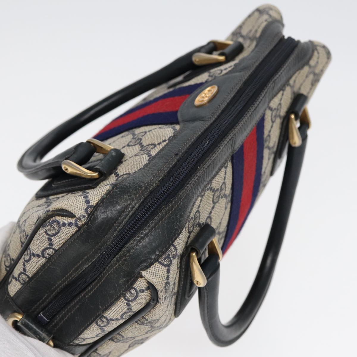GUCCI GG Supreme Sherry Line Hand Bag PVC Navy Red 85974