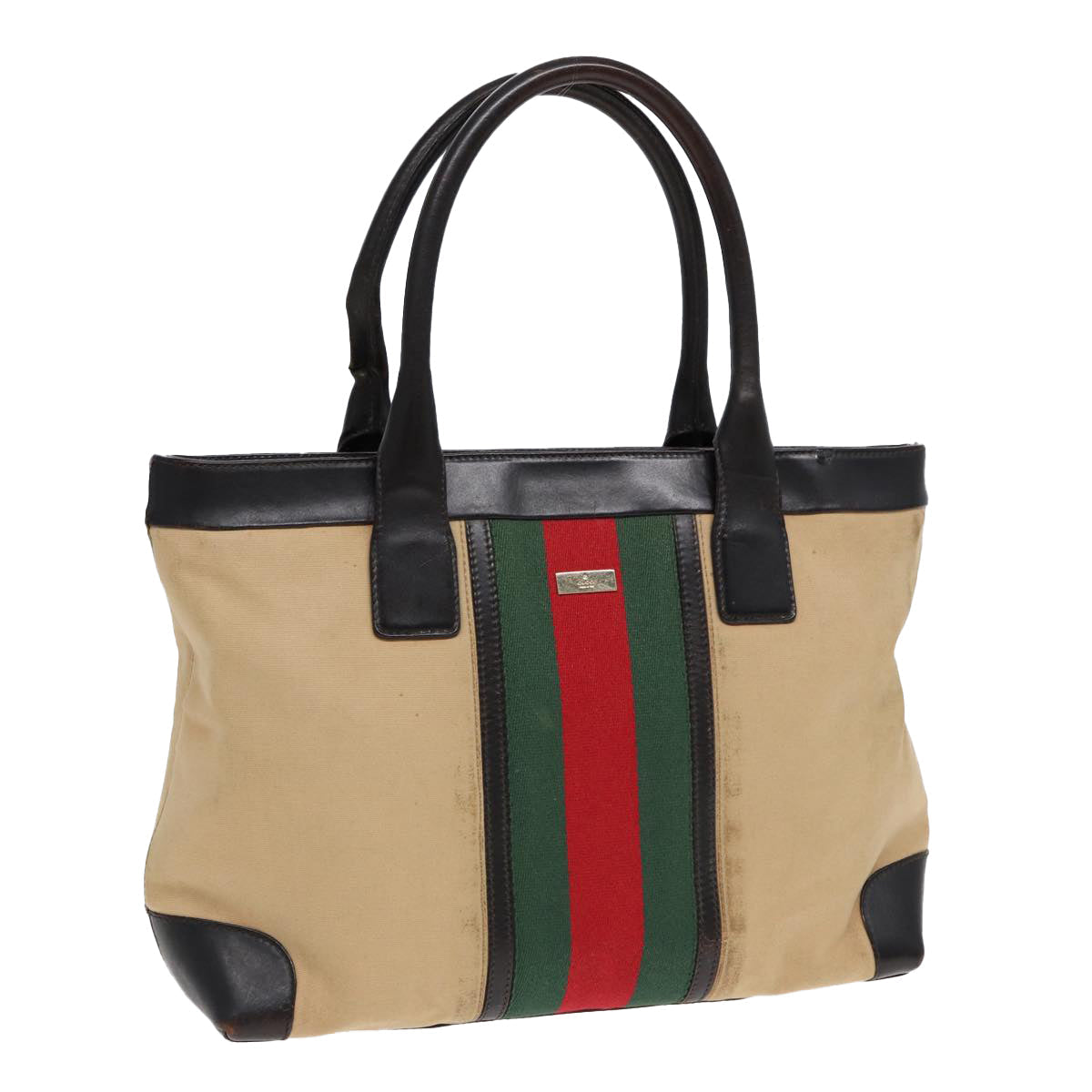 GUCCI Web Sherry Line Hand Bag Canvas Beige Gold Red 002 1119 85986