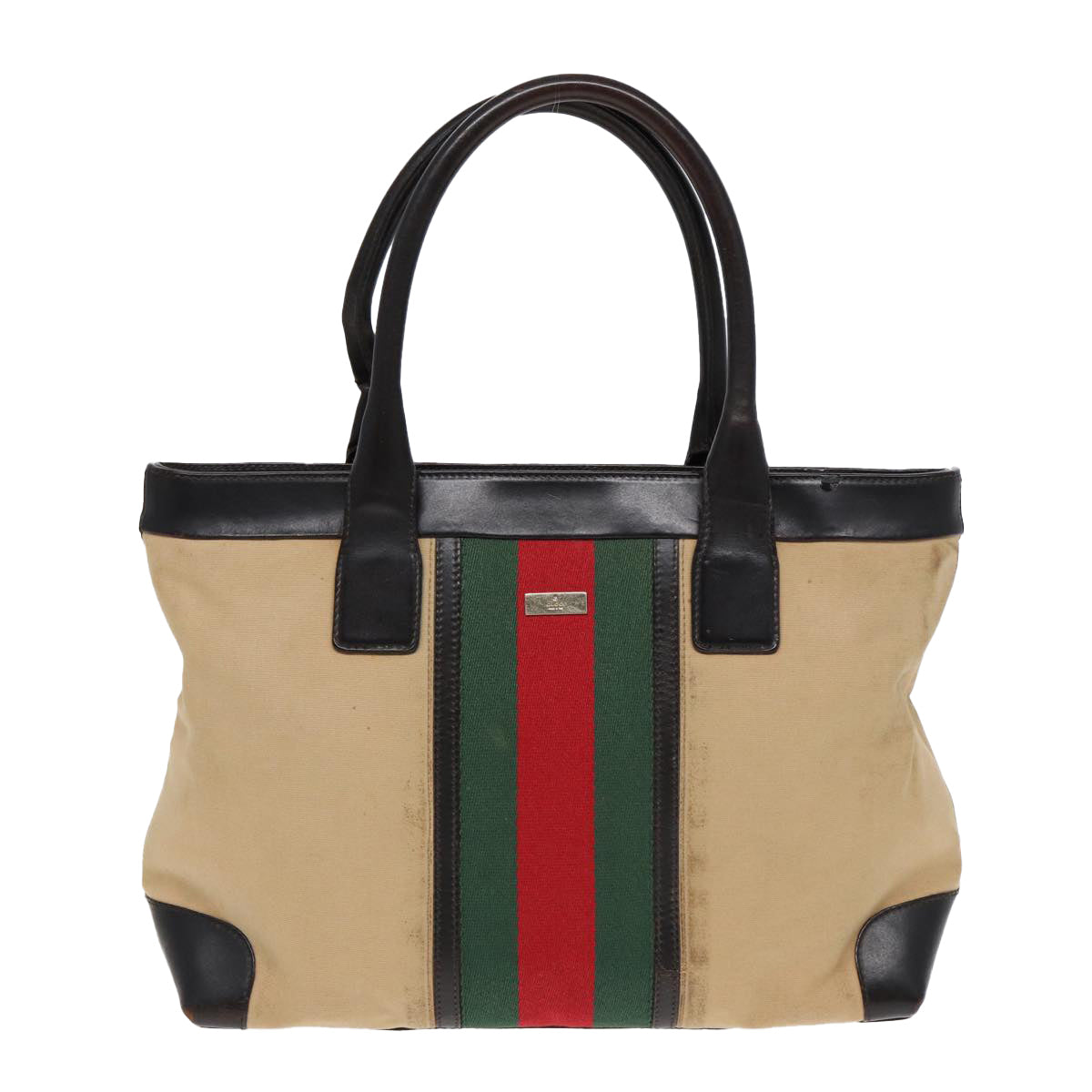 GUCCI Web Sherry Line Hand Bag Canvas Beige Gold Red 002 1119 85986