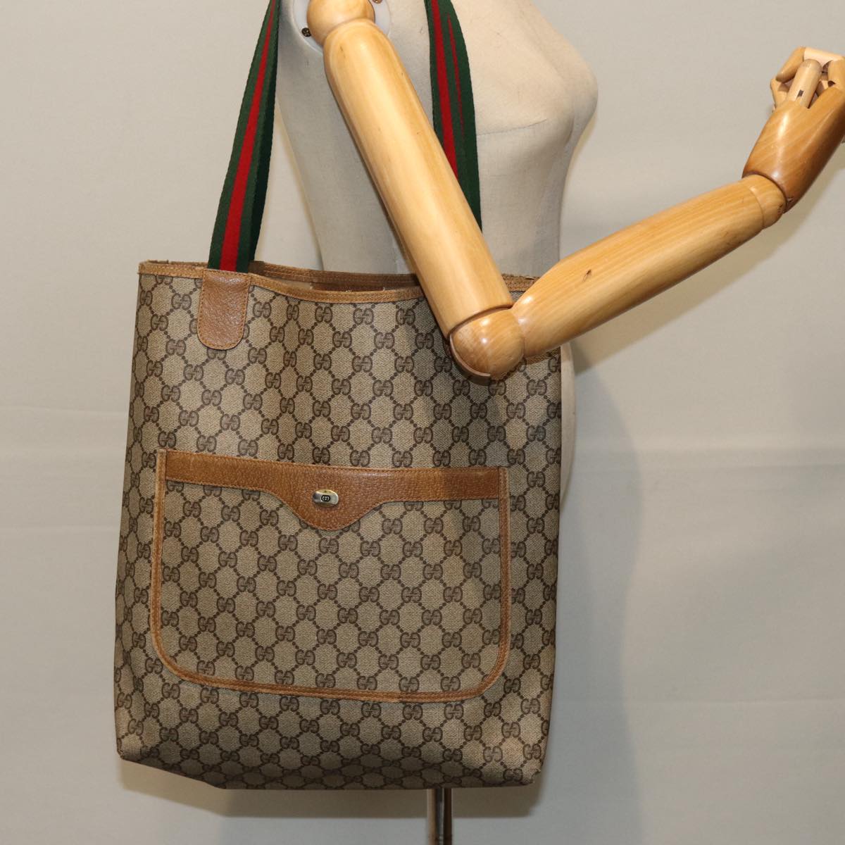 GUCCI GG Canvas Web Sherry Line Tote Bag PVC Beige Green Red 85989