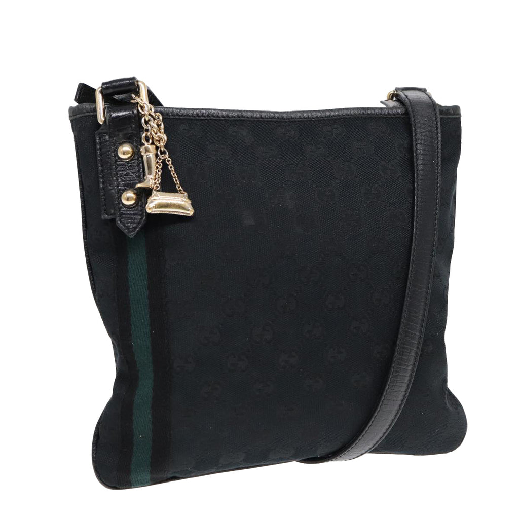 GUCCI GG Canvas Sherry Line Shoulder Bag Black Gold Green 144388 85991