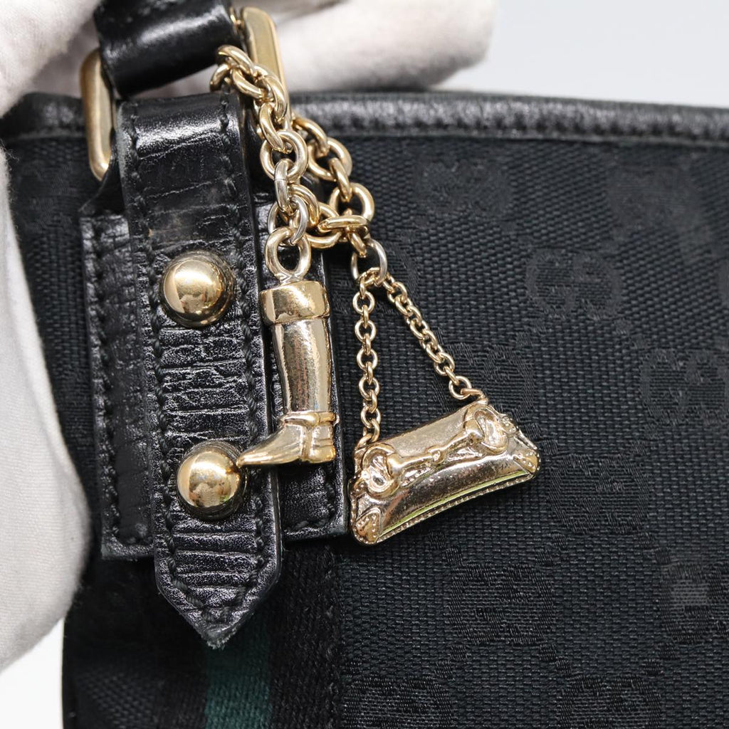 GUCCI GG Canvas Sherry Line Shoulder Bag Black Gold Green 144388 85991