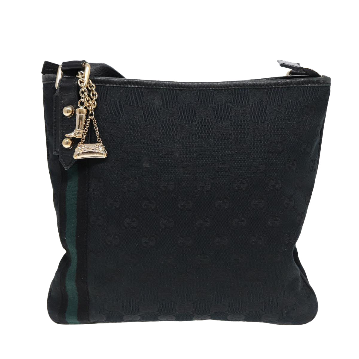 GUCCI GG Canvas Sherry Line Shoulder Bag Black Gold Green 144388 85991