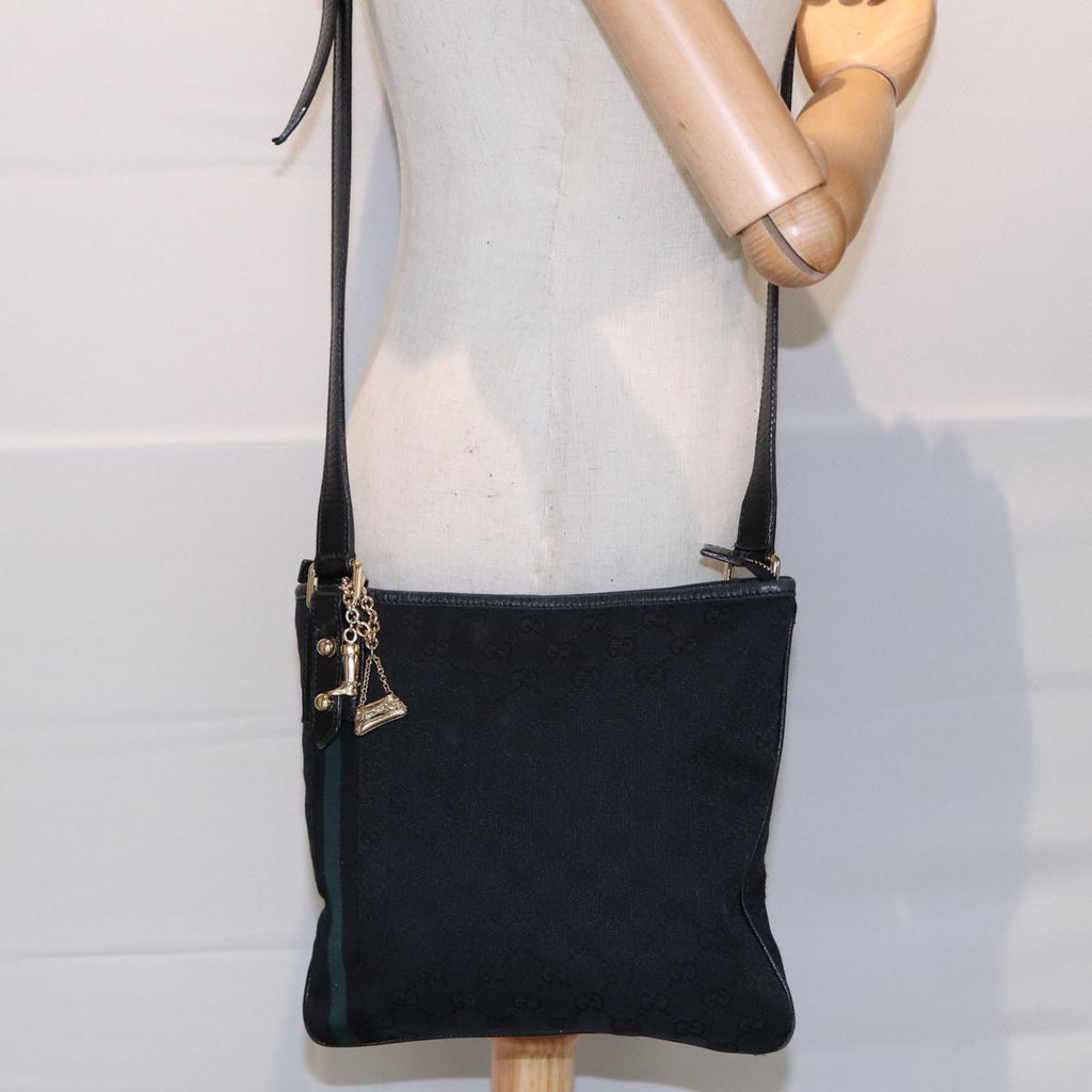 GUCCI GG Canvas Sherry Line Shoulder Bag Black Gold Green 144388 85991