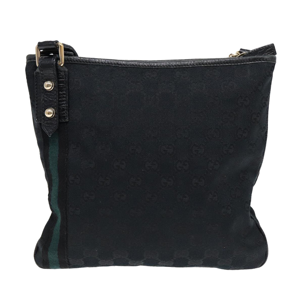 GUCCI GG Canvas Sherry Line Shoulder Bag Black Gold Green 144388 85991