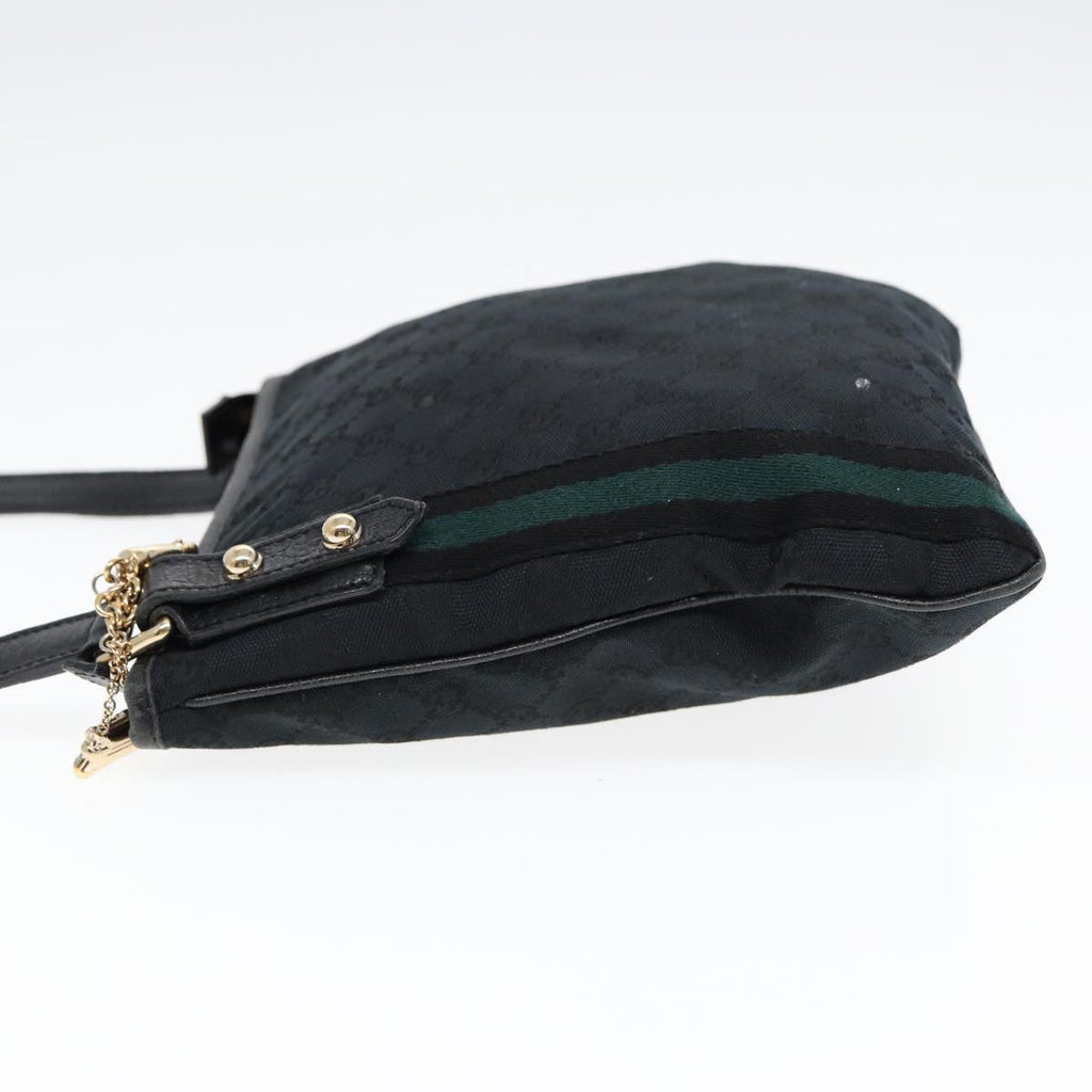 GUCCI GG Canvas Sherry Line Shoulder Bag Black Gold Green 144388 85991