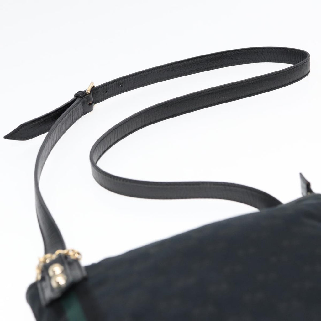 GUCCI GG Canvas Sherry Line Shoulder Bag Black Gold Green 144388 85991