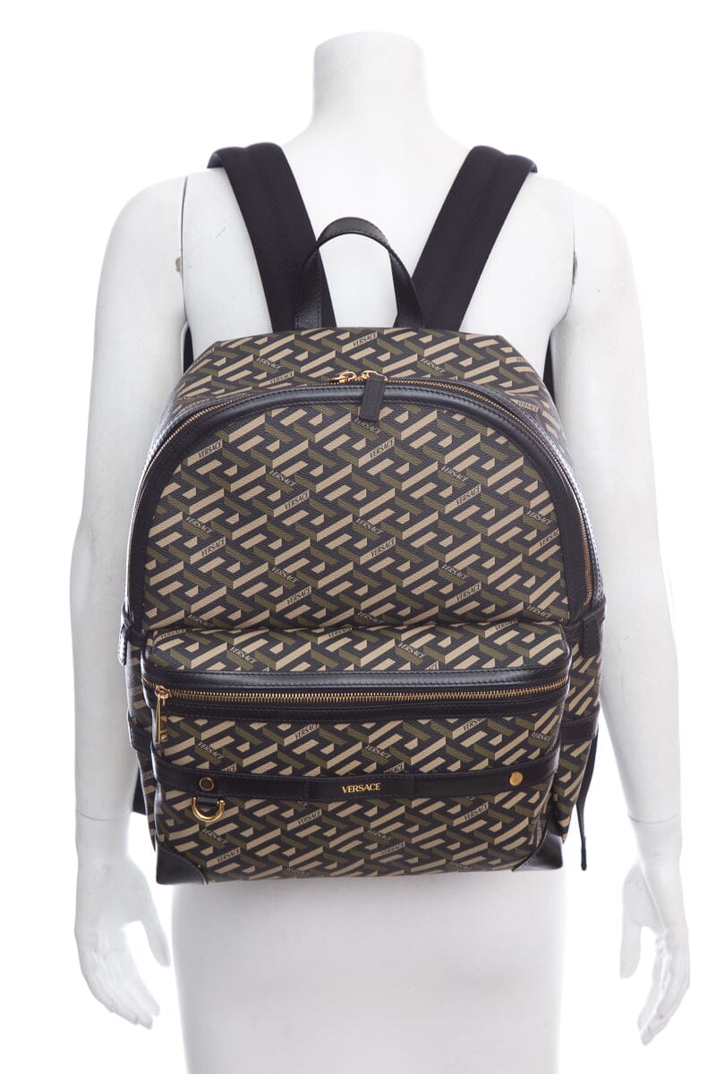 Versace Green & Black La Greca Coated Canvas Backpack
