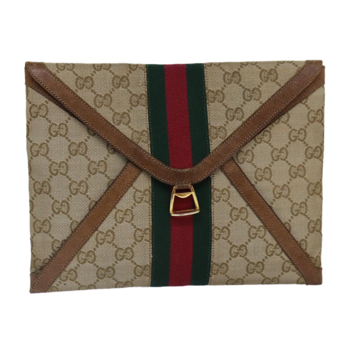 GUCCI GG Canvas Web Sherry Line Clutch Bag Beige Red gold 86042