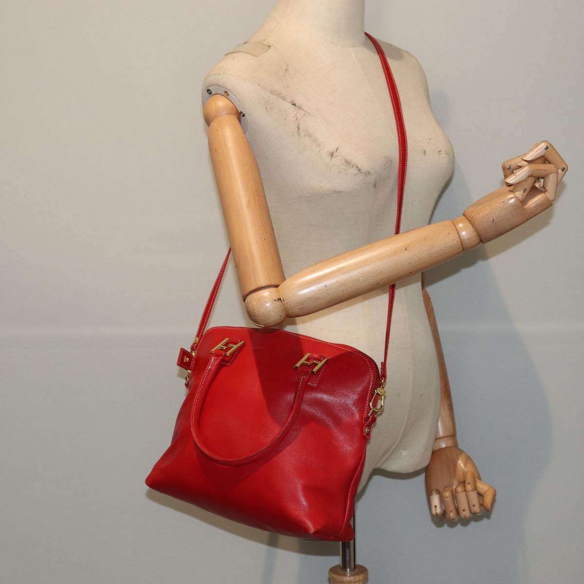 FENDI Hand Bag Leather 2way Red Gold 86044