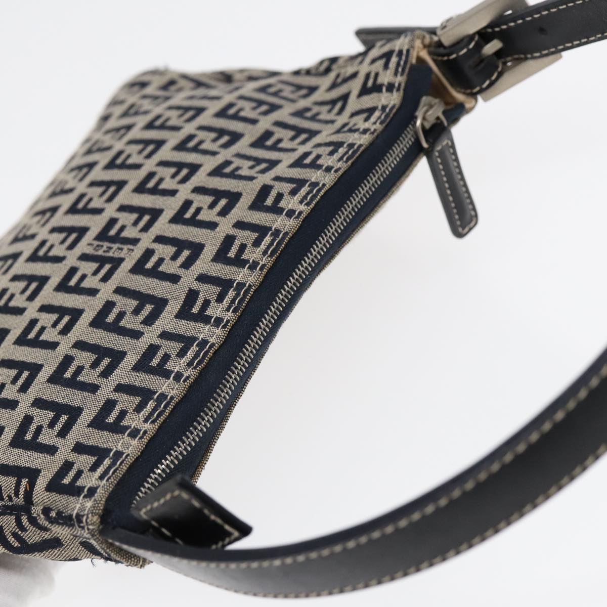 FENDI Zucchino Canvas Hand Bag Navy Silver 86178