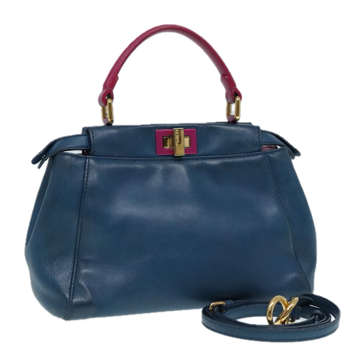 FENDI Mini Peek A Boo Hand Bag Leather 2way Blue Gold 86182
