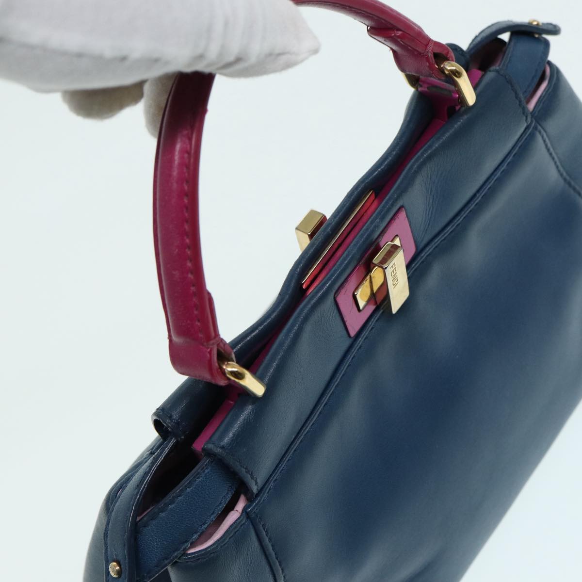 FENDI Mini Peek A Boo Hand Bag Leather 2way Blue Gold 86182