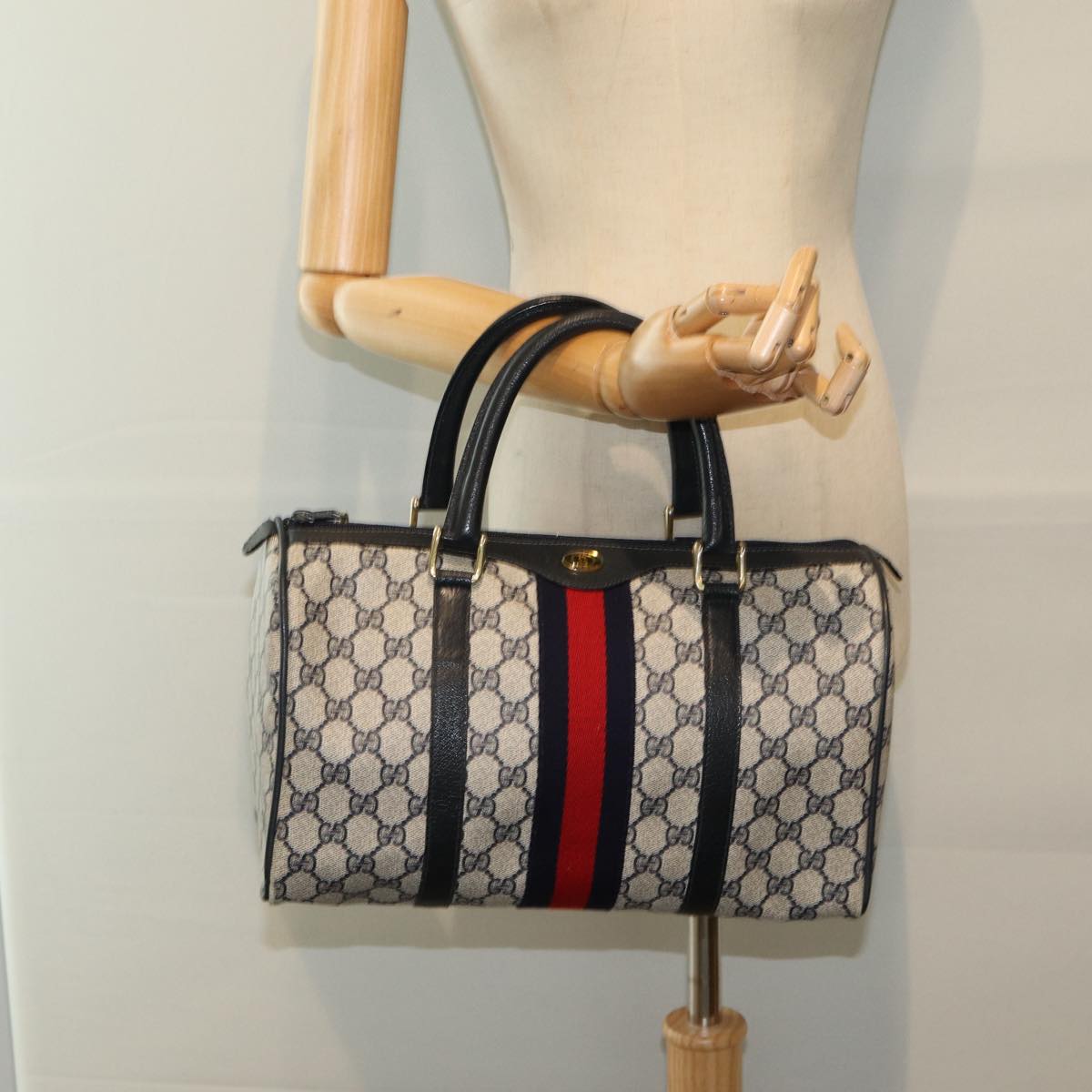 GUCCI GG Supreme Sherry Line Boston Bag PVC Navy Red gold 39 02 007 86217