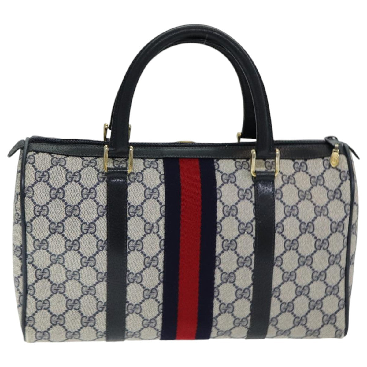GUCCI GG Supreme Sherry Line Boston Bag PVC Navy Red gold 39 02 007 86217
