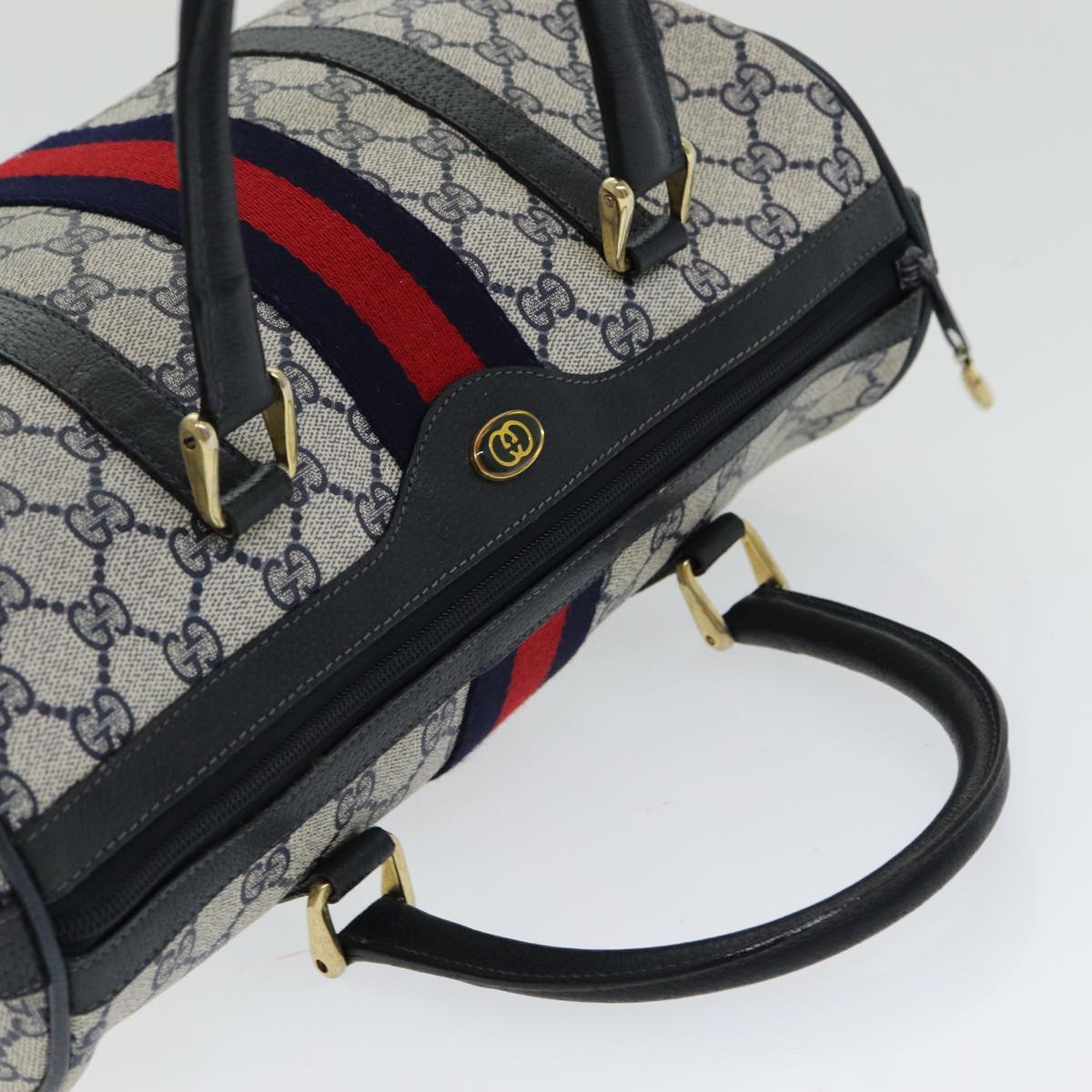 GUCCI GG Supreme Sherry Line Boston Bag PVC Navy Red gold 39 02 007 86217