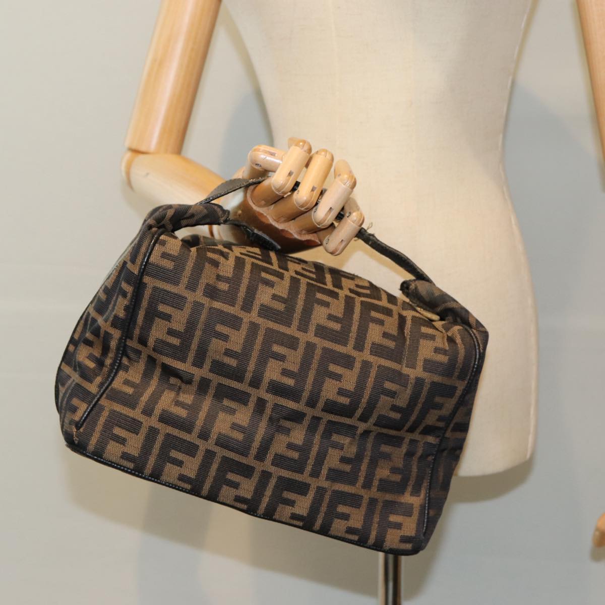 FENDI Zucca Canvas Vanity Pouch Brown Black gold 86218