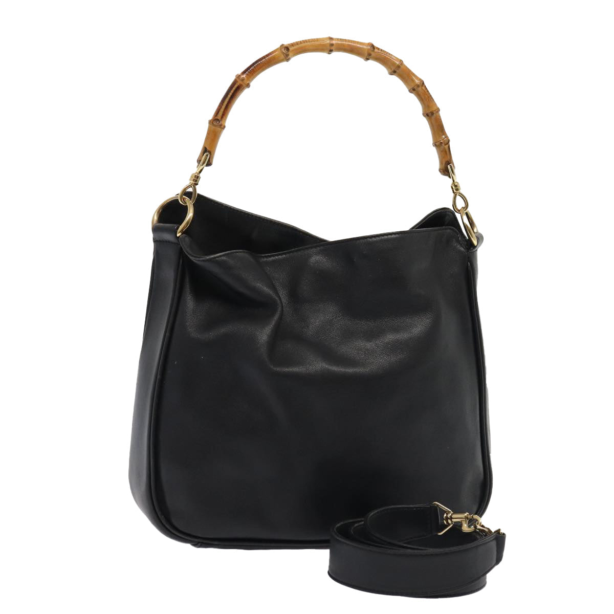 GUCCI Bamboo Hand Bag Leather 2way Black Gold 001 1638 86259