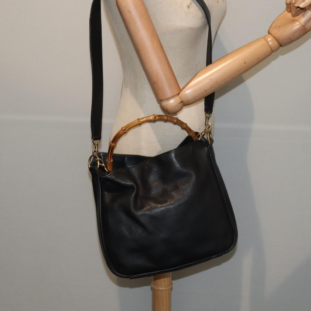 GUCCI Bamboo Hand Bag Leather 2way Black Gold 001 1638 86259