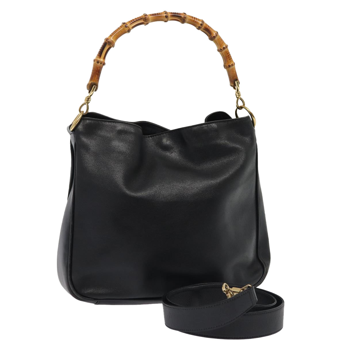 GUCCI Bamboo Hand Bag Leather 2way Black Gold 001 1638 200047 86260