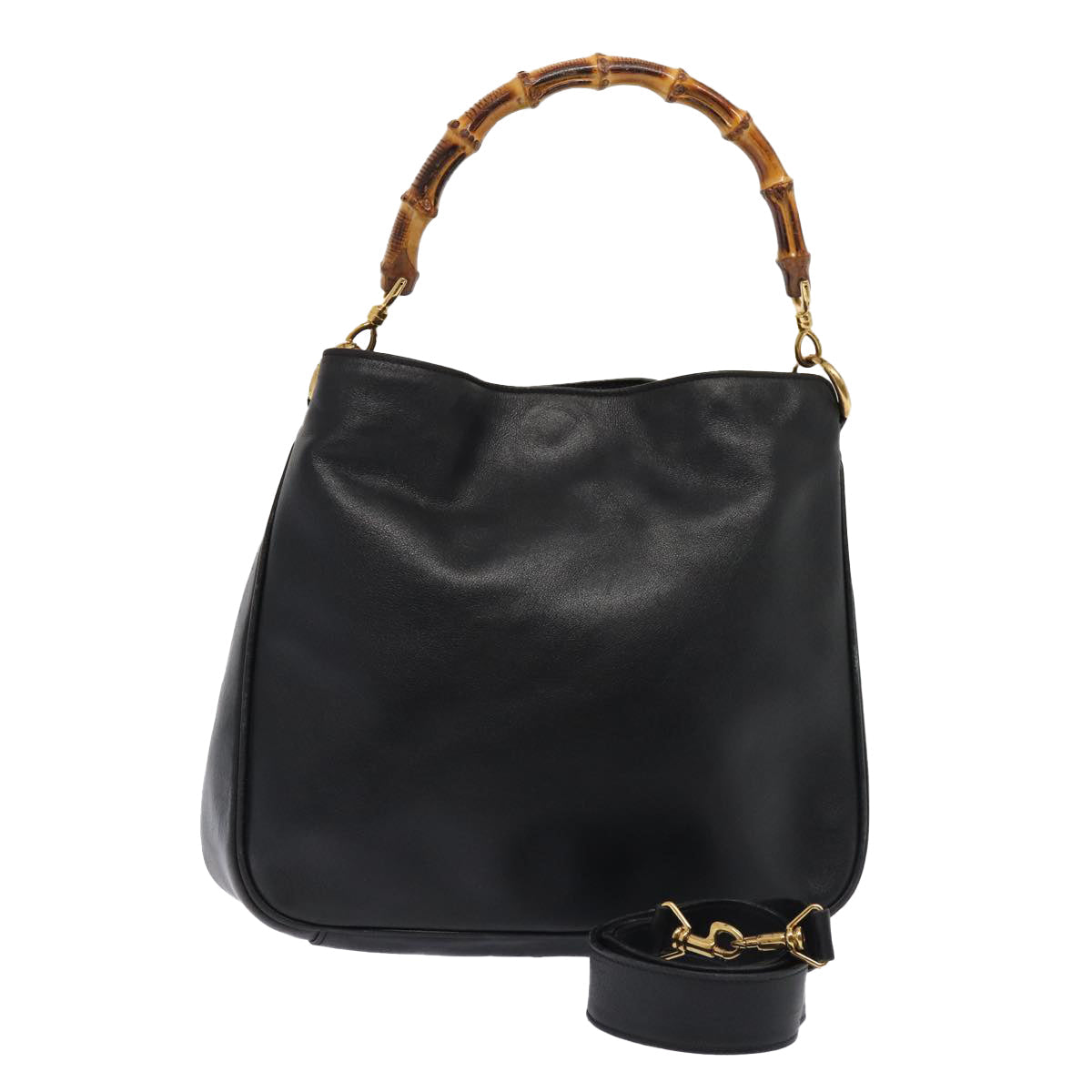 GUCCI Bamboo Hand Bag Leather 2way Black Gold 001 2113 1638 86261